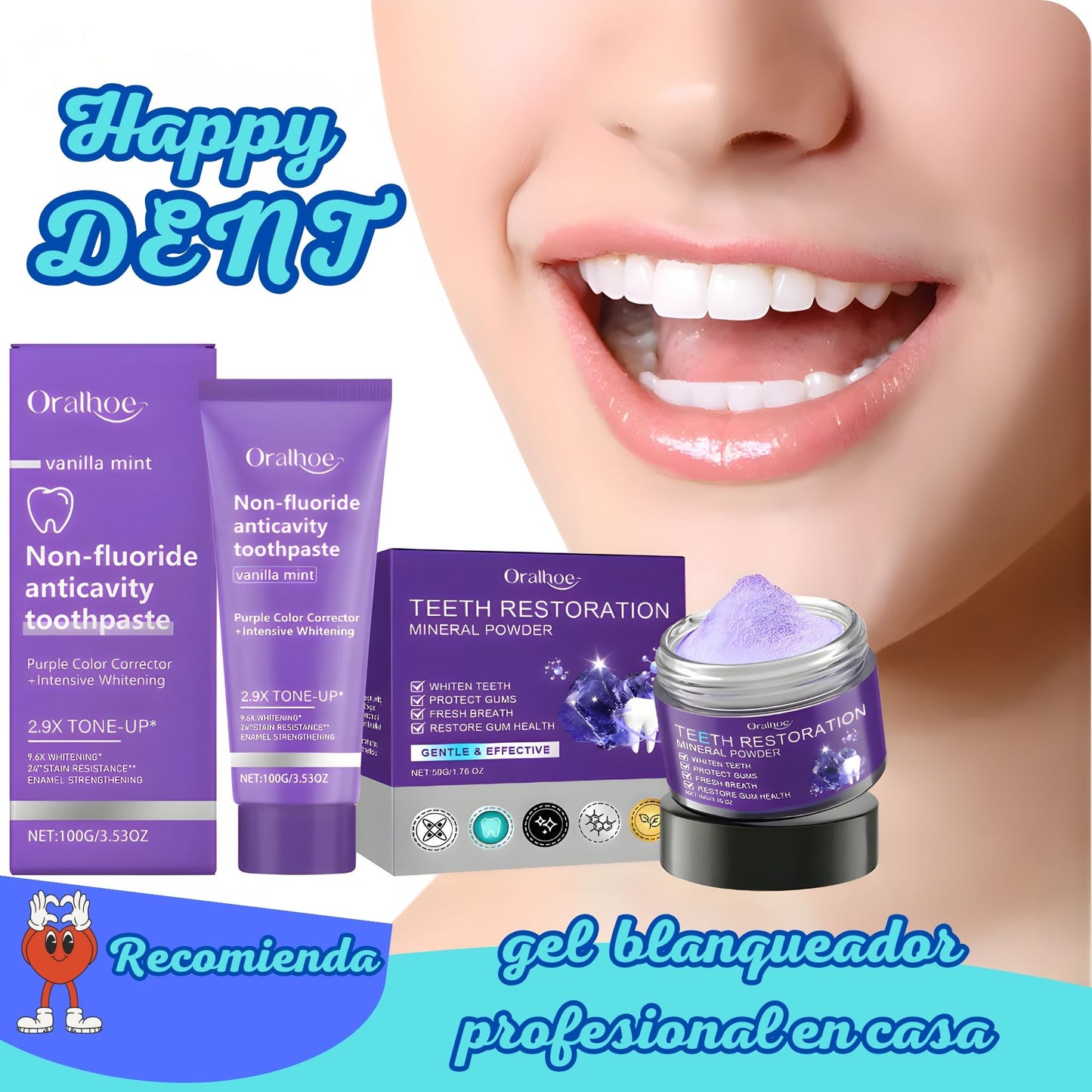 Pack tratamiento blanqueador I Like Be Happy gel + reparador dental Sistema de blanqueamiento dental con luz LED BrightLite

