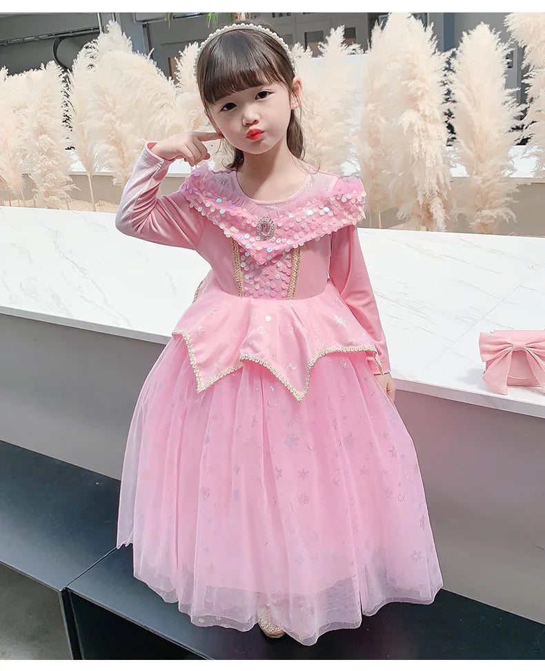Happy Halloween: Vestido de Princesa Aurora para Niñas - Rosa y Brillante para Fiestas