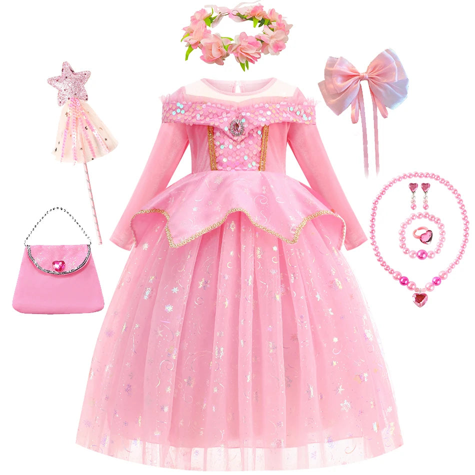 Happy Halloween: Vestido de Princesa Aurora para Niñas - Rosa y Brillante para Fiestas
