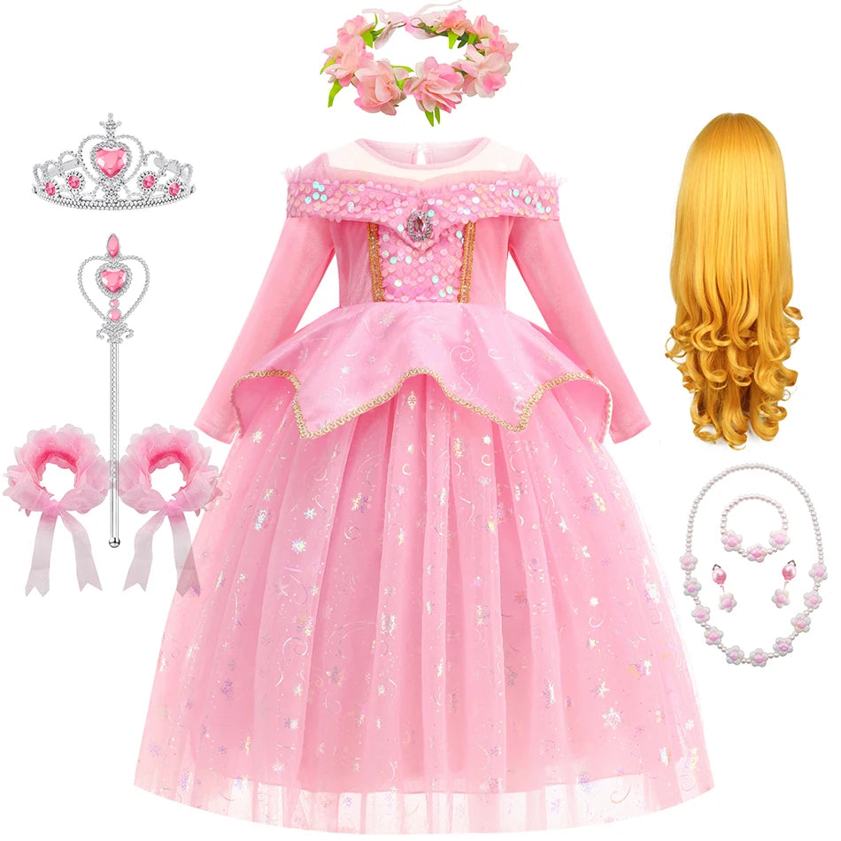 Happy Halloween: Vestido de Princesa Aurora para Niñas - Rosa y Brillante para Fiestas