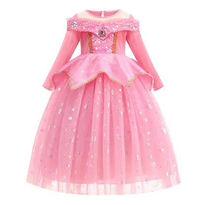Happy Halloween: Vestido de Princesa Aurora para Niñas - Rosa y Brillante para Fiestas