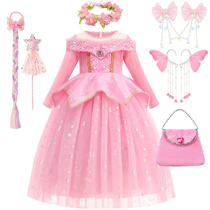 Happy Halloween: Vestido de Princesa Aurora para Niñas - Rosa y Brillante para Fiestas