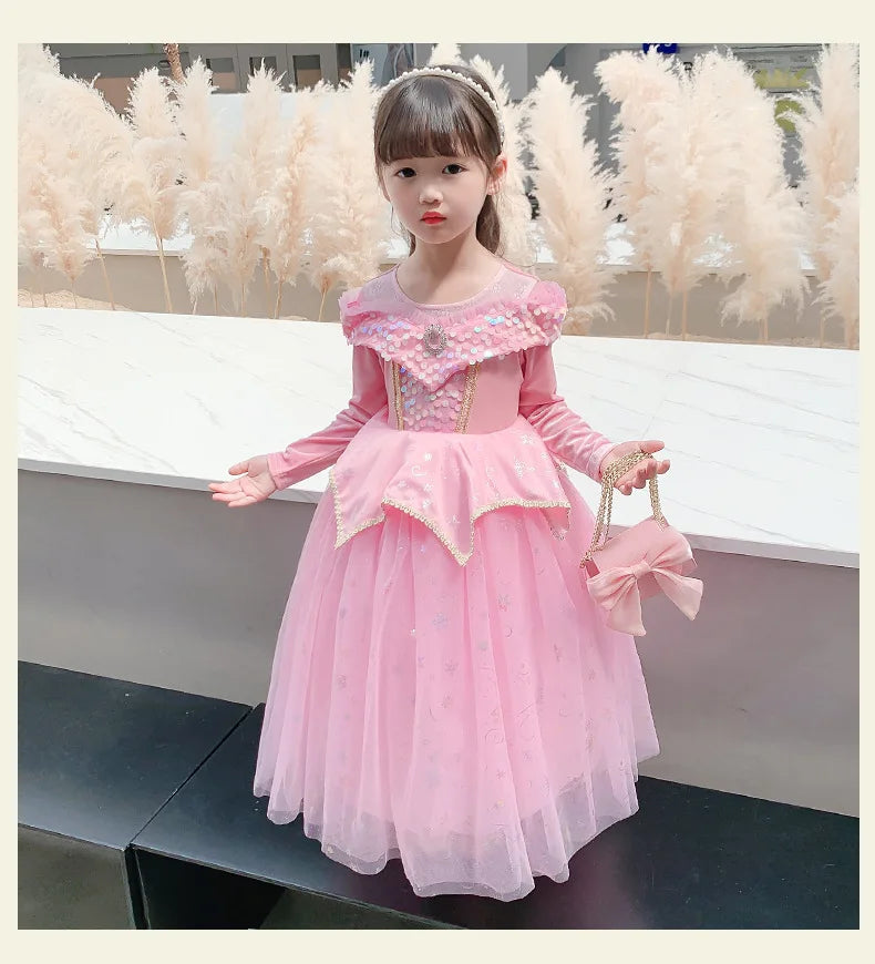 Happy Halloween: Vestido de Princesa Aurora para Niñas - Rosa y Brillante para Fiestas